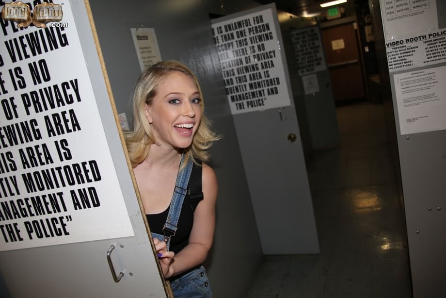 Pretty blonde Kagney Linn Karter hits the gloryhole room for solo masturbation