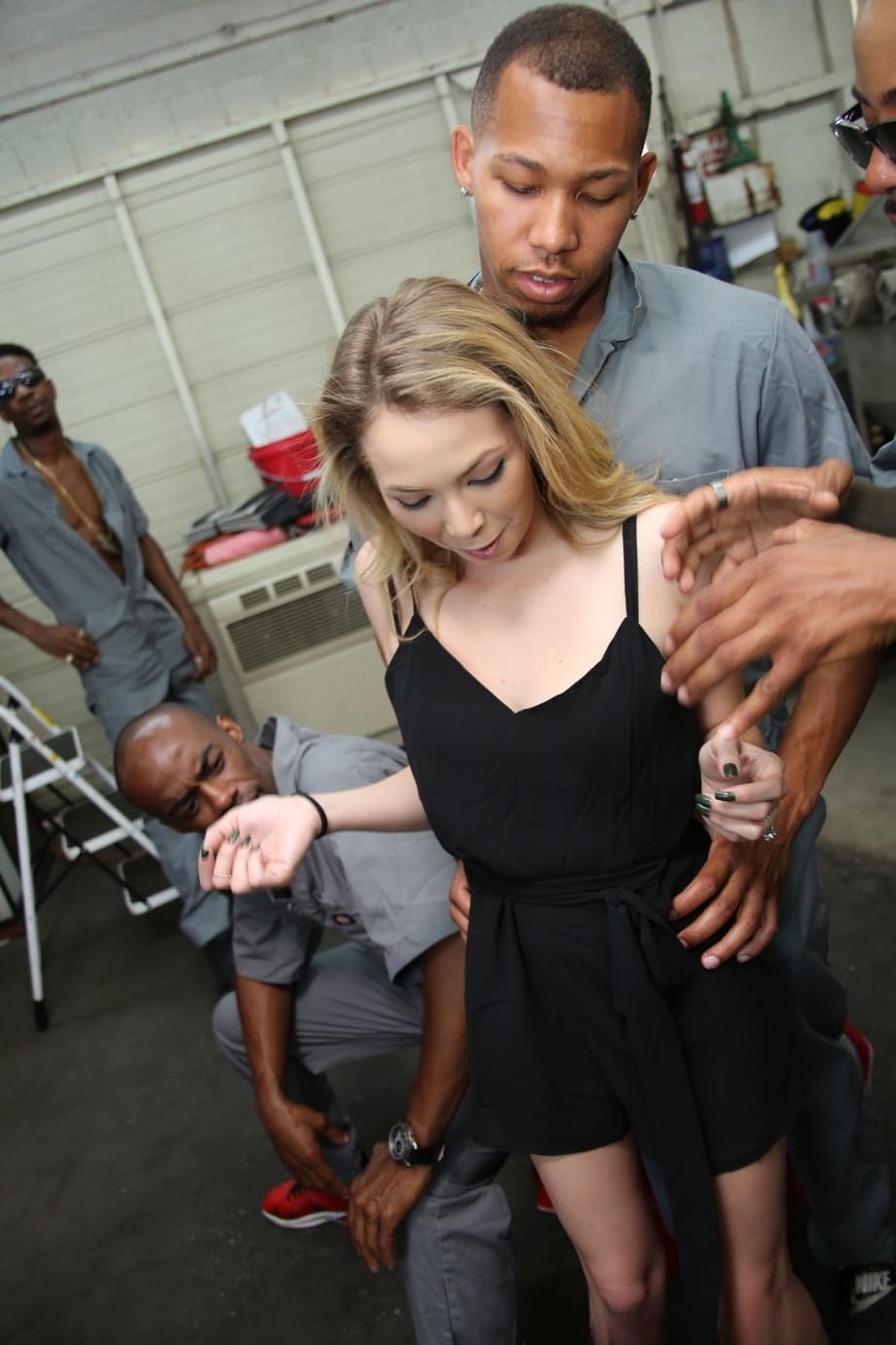 Petite blonde Angel Smalls takes on garage full of BBB in intense gangbang