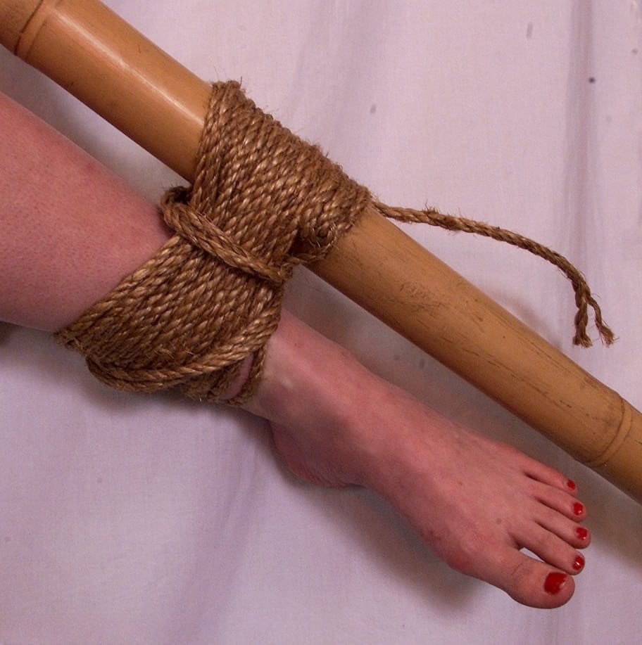 Busty blonde is tied naked and spread eagle style to a bamboo frame