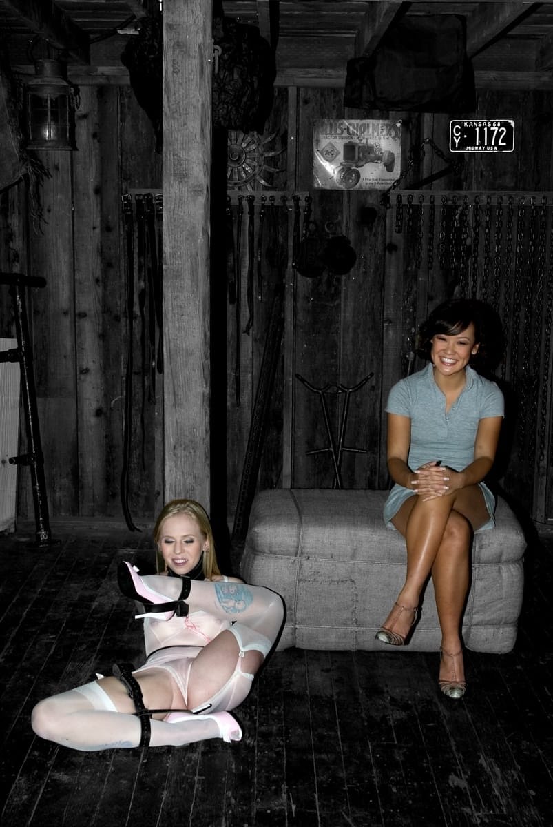 Sarah Jane Ceylon held in extreme bondage while joyful Asian MILF watches this
