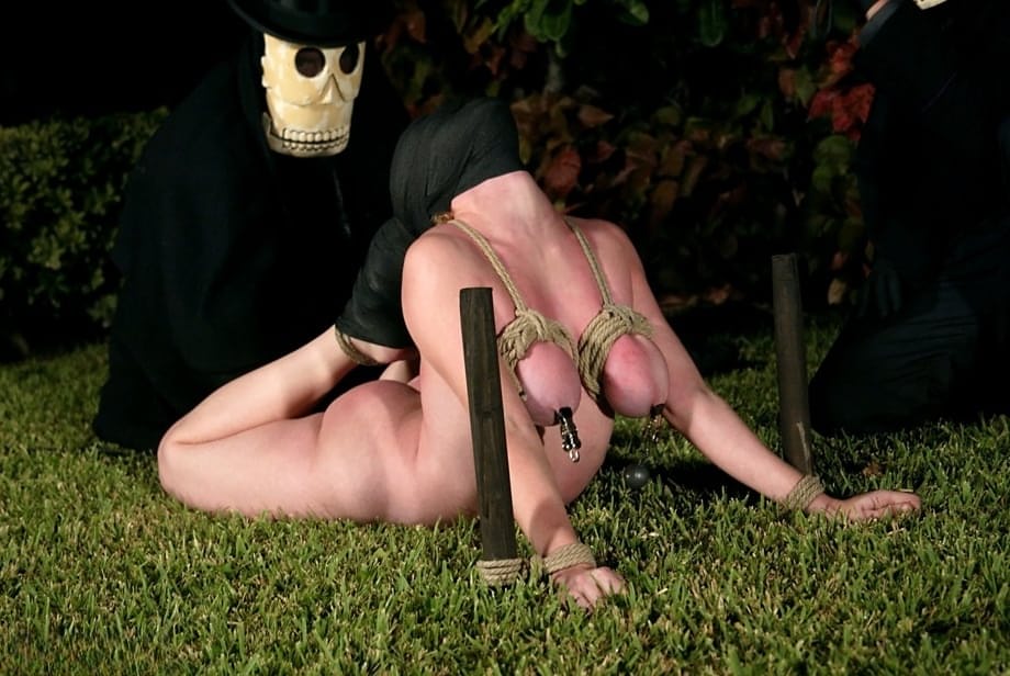 White female has her boobs clamped & weighted while hogtied on the lawn