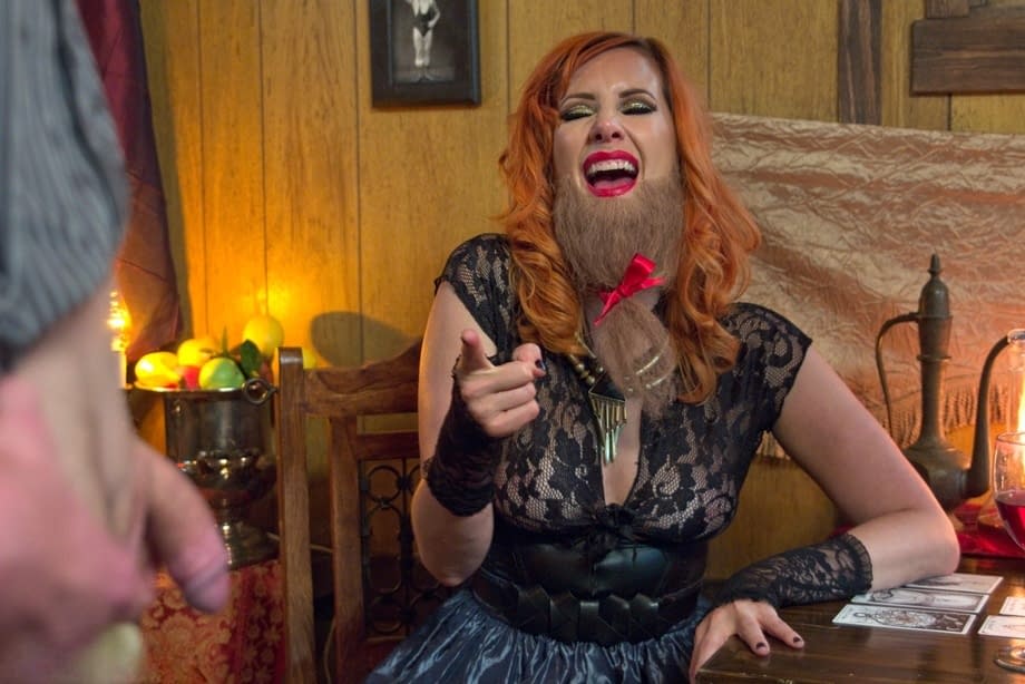 Fortune teller Maitresse Madeline Marlowe jerks cock while foretelling future