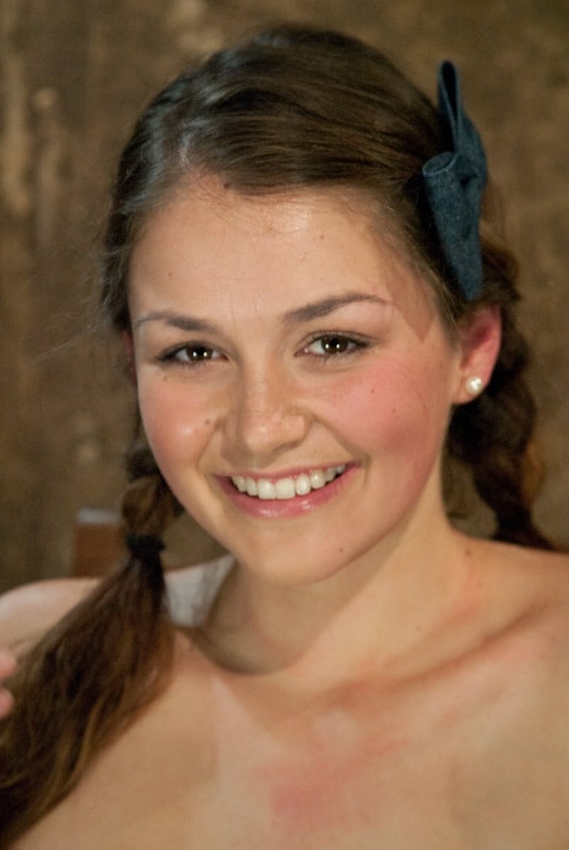 Young white girl Allie Haze stands helplessly on toes in rope bindings