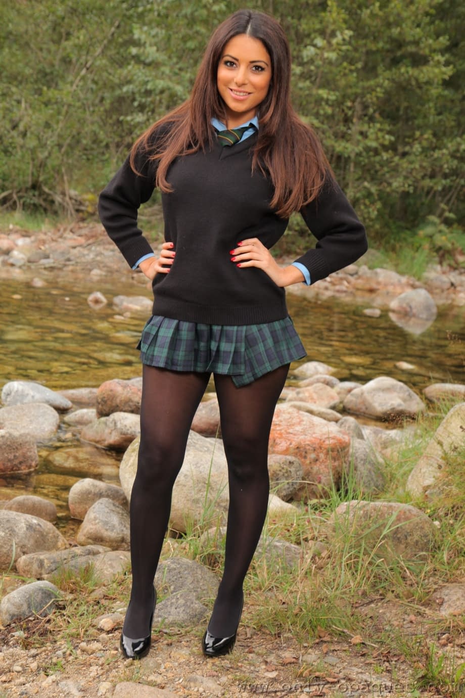 Hot babe in pantyhose Charley S flaunts her sexy big tits by the river