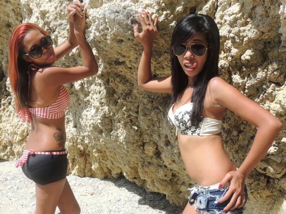 Hot little Asian sluts Shanelle & Bubbles pose & preen in skimpy beach outfits