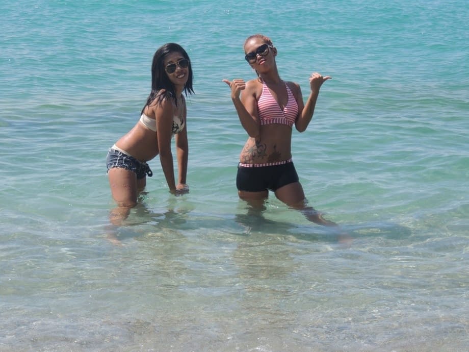 Hot little Asian sluts Shanelle & Bubbles pose & preen in skimpy beach outfits