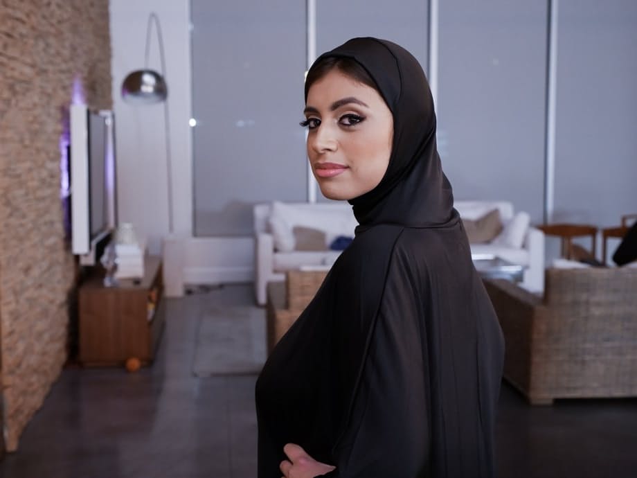 Stunning Arab babe  Ella Knox showing her big tits and shaved pussy in solo