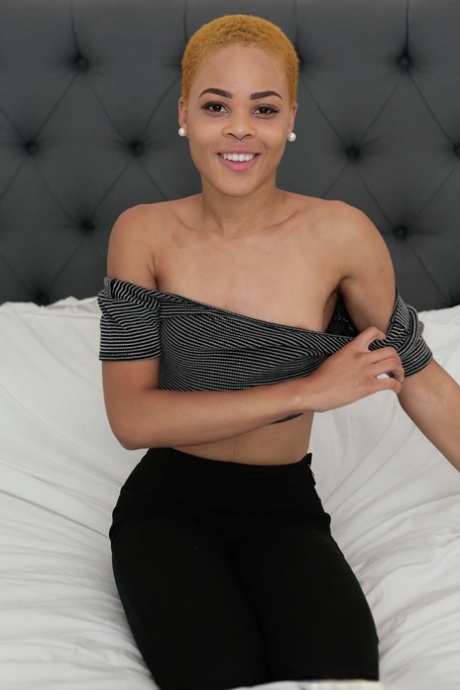 Gorgeous black Arie Faye strips to ride big cock & get tiny body cum covered