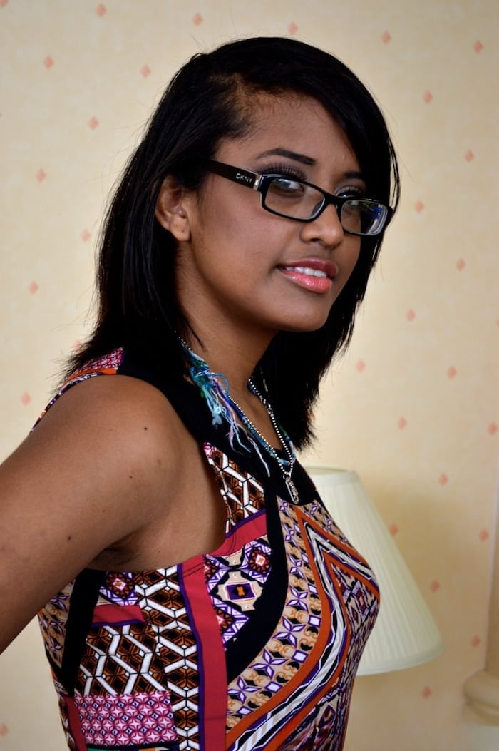 Nerdy ebony girl Diana Love shows shaved pussy & hot ass in first porn strip