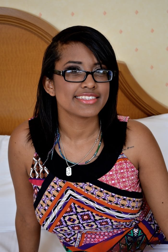 Nerdy ebony girl Diana Love shows shaved pussy & hot ass in first porn strip
