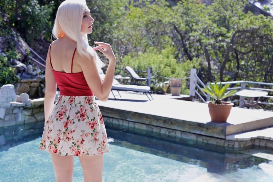 Pale blonde teen Alexa Grace flaunts tanned petite ass outdoors & spreads lips