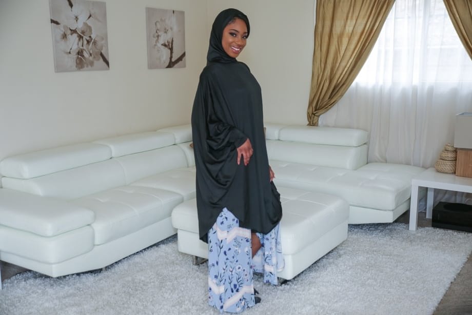 Beautiful ebony in a hijab Lala Ivey flashes medium tits & spreads her legs