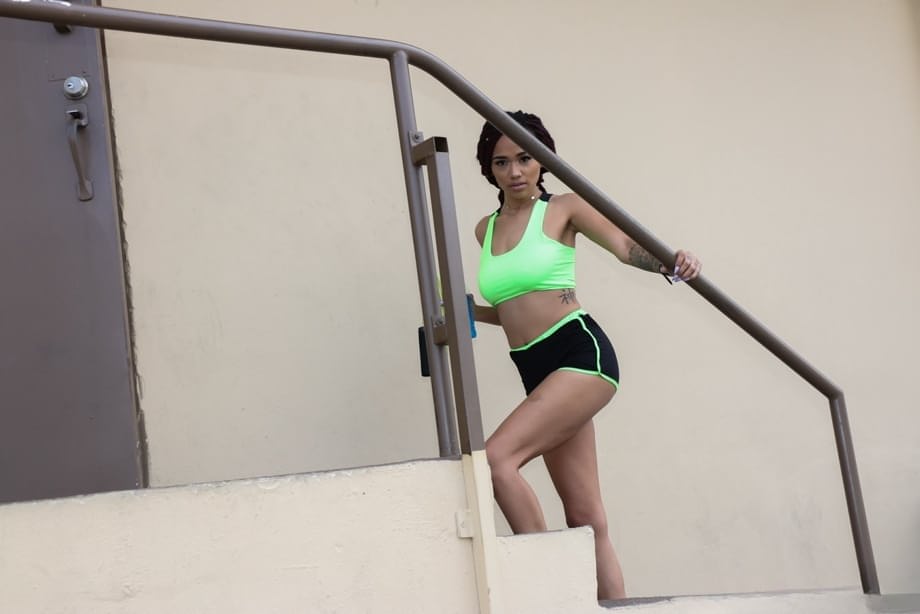 Glistening sweaty ebony Julie Kay gives blowjob & fucks trainer during workout