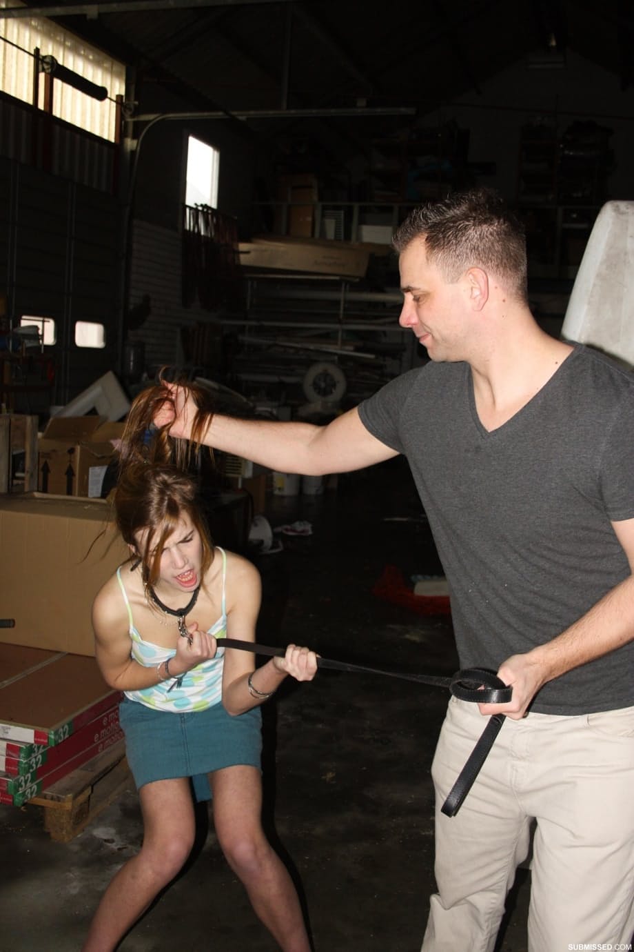 Naughty pantiless teen Anouk bound with rope & gagged with tape in the barn