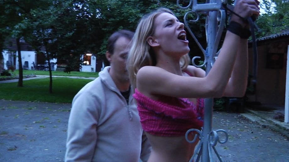 Naked female sub crucified outdoors & brought inside for suspension & whipping