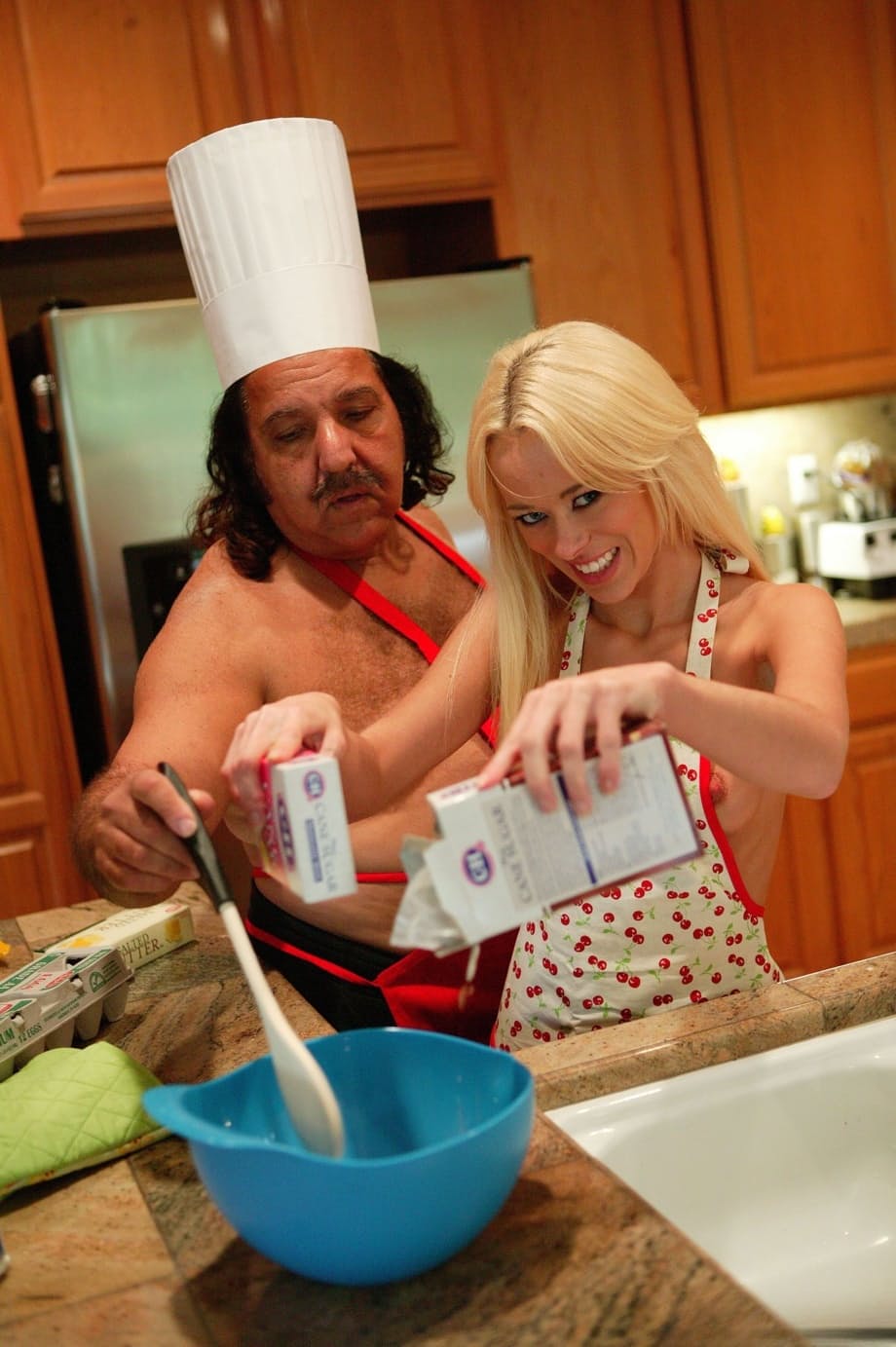 Cook blonde Rebecca Blue gives a blowjob and rides her older chef