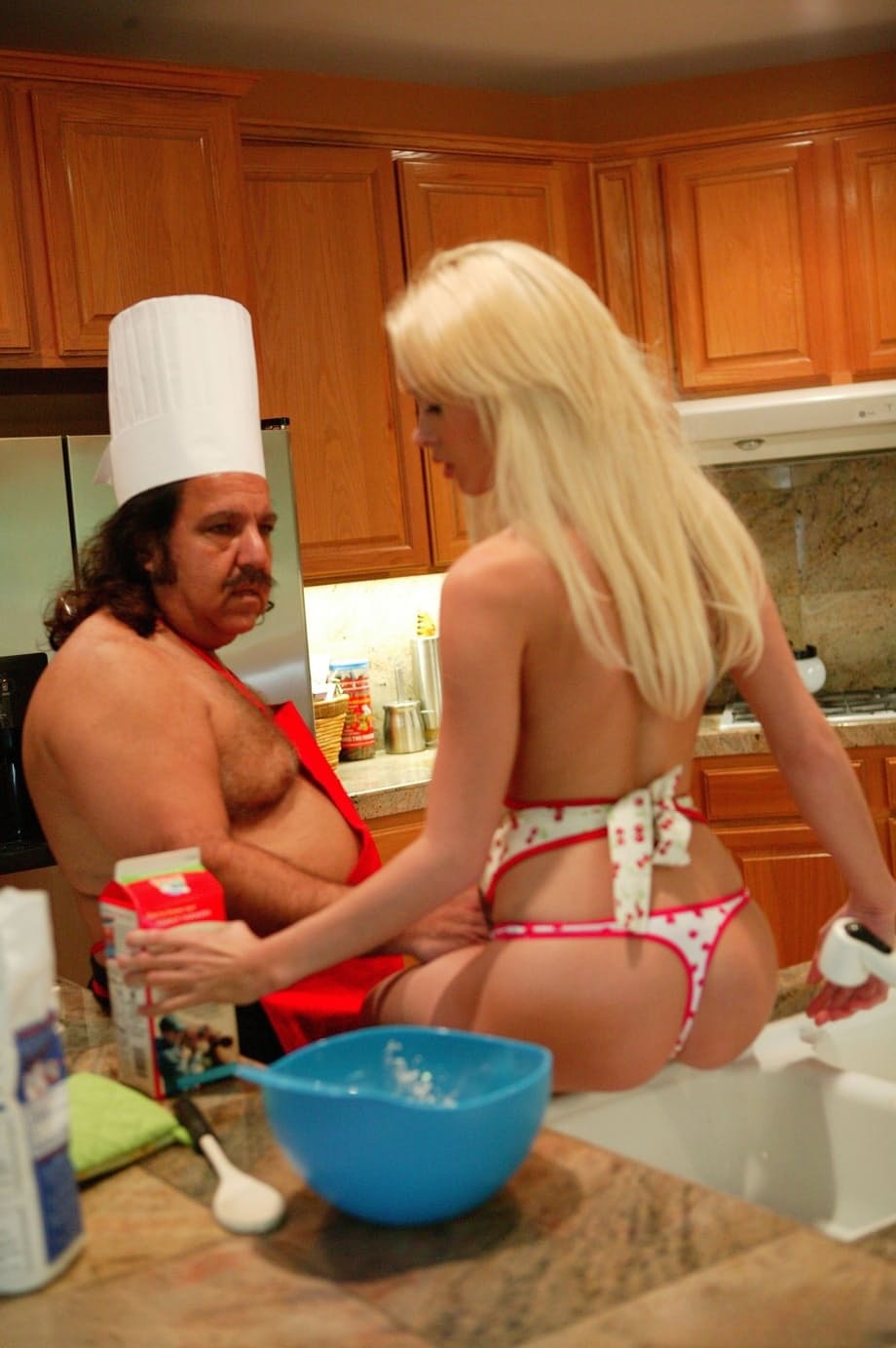 Cook blonde Rebecca Blue gives a blowjob and rides her older chef
