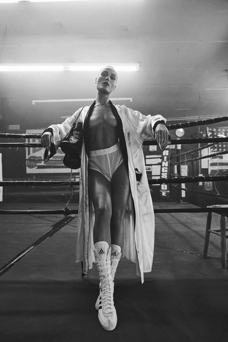 Shots of bald skinny girl Vendela in boxing clothes and naked in a ring