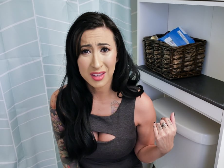 Inked cougar with black hair gets talked into fucking her stepson in bathroom