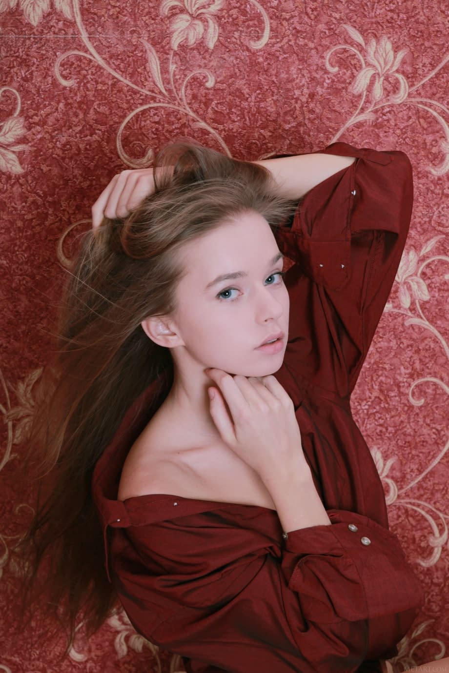 Adorable teen girl Milena D reveals her incredible bush in long sleeve shirt