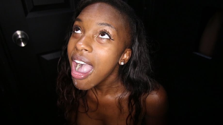 Young black girl sucks the cum from 12 white cocks via a gloryhole