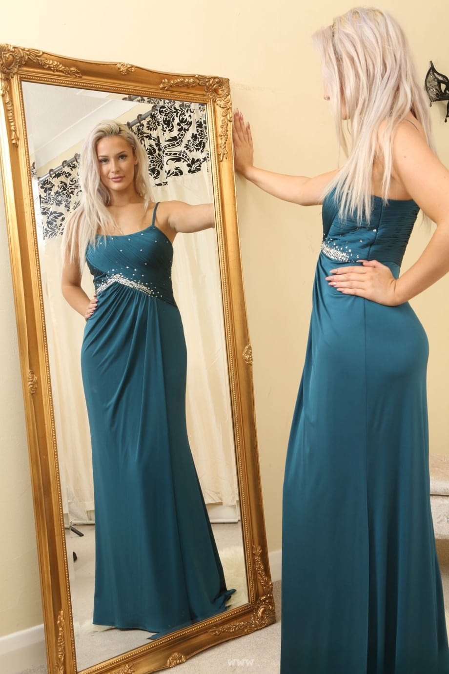 Blonde princess Paige F strips and poses in pantyhose in front of the mirror
