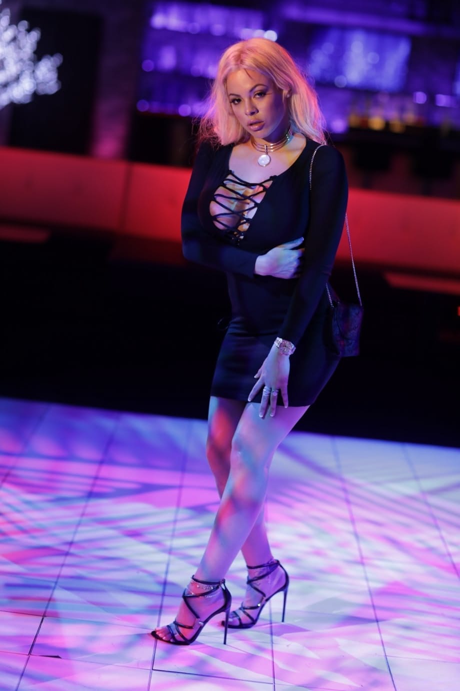 Attractive blonde Luna Star stripping off her black dress showing her body