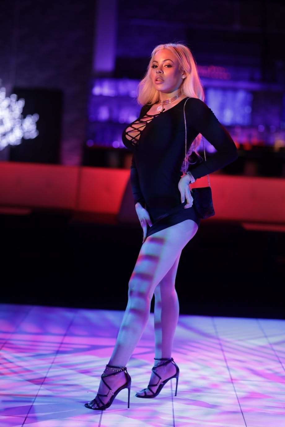 Attractive blonde Luna Star stripping off her black dress showing her body