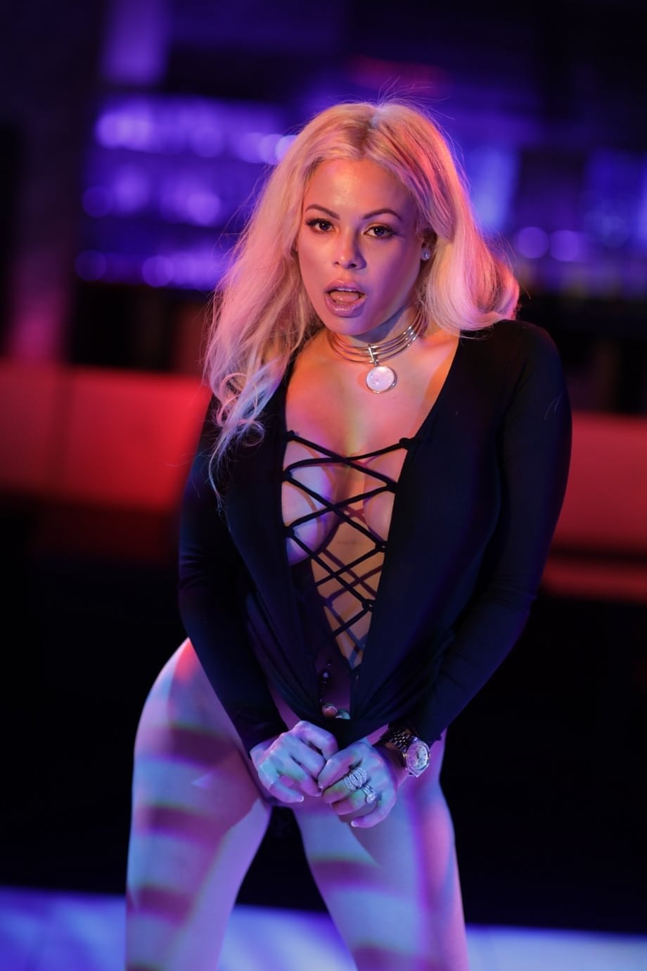Attractive blonde Luna Star stripping off her black dress showing her body