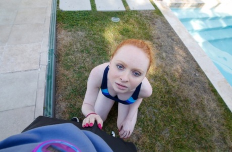 Pale ginger head Ruby Red gives hot poolside blowjob & enjoys POV pussy fuck