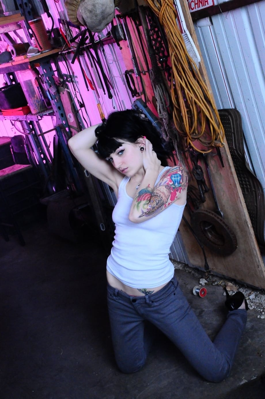 Smoking hot emo girl Draven does erotic striptease spreading ass in the garage
