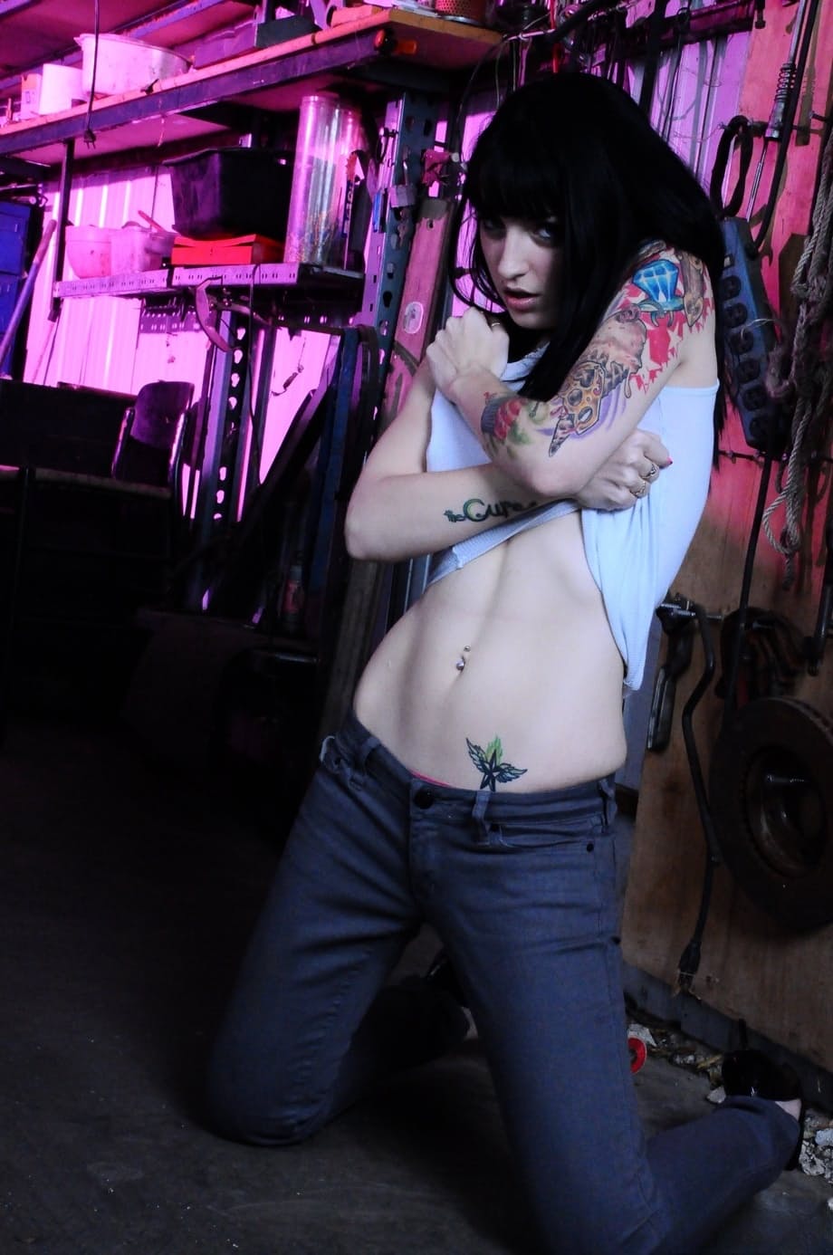 Smoking hot emo girl Draven does erotic striptease spreading ass in the garage