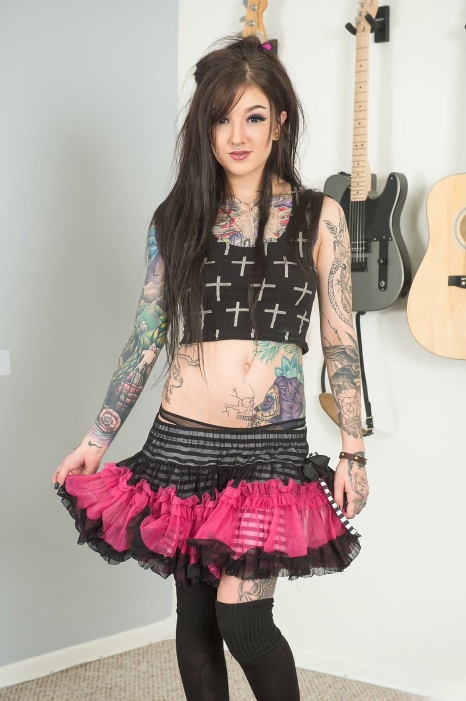 Adorable young punk girl Kelsi flashes panty upskirt & spreads meaty pussy