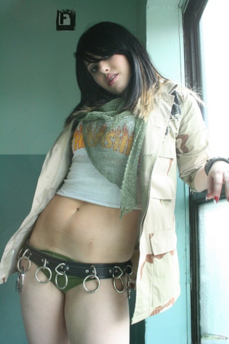 Sexy fetish teen flashes shaved pussy & smokes topless in the window