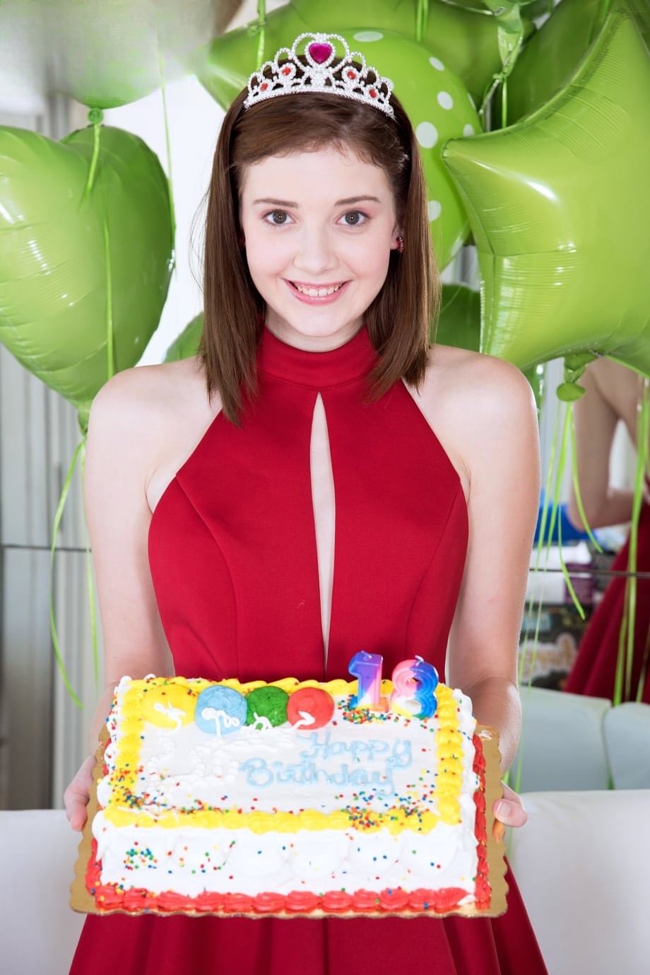 Pale teen Blaire Ivory celebrates her birthday by masturbating on the table