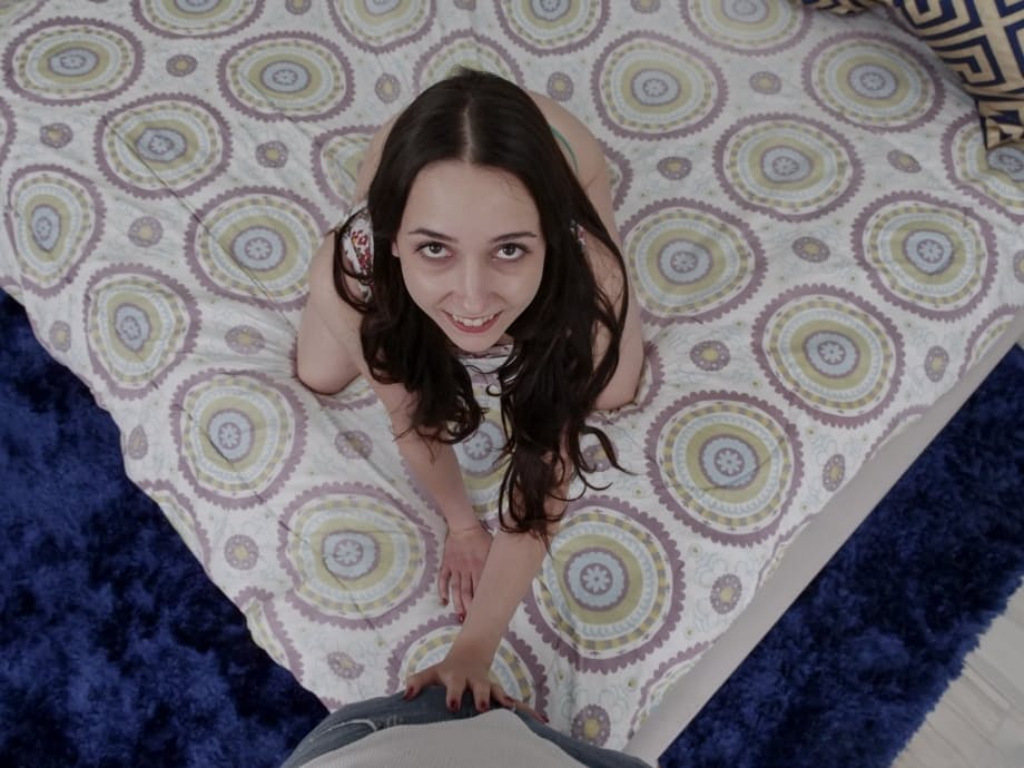 Innocent looking young Kyra Rose gives a hot amateur POV blowjob with facial