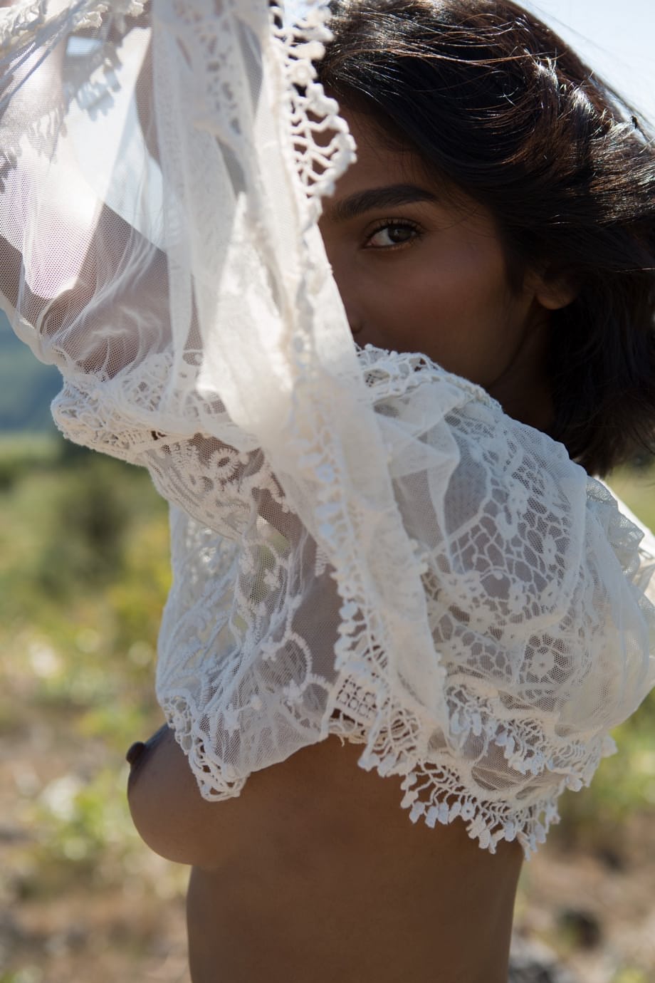 Sultry country girl Angel Constance flashes natural tits & hard nips outdoors