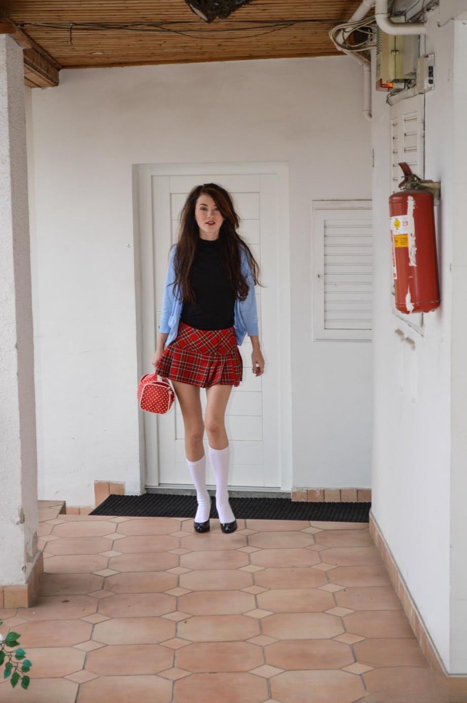 Schoolgirl smokes a cigarette prior to showing an old man her tight pussy