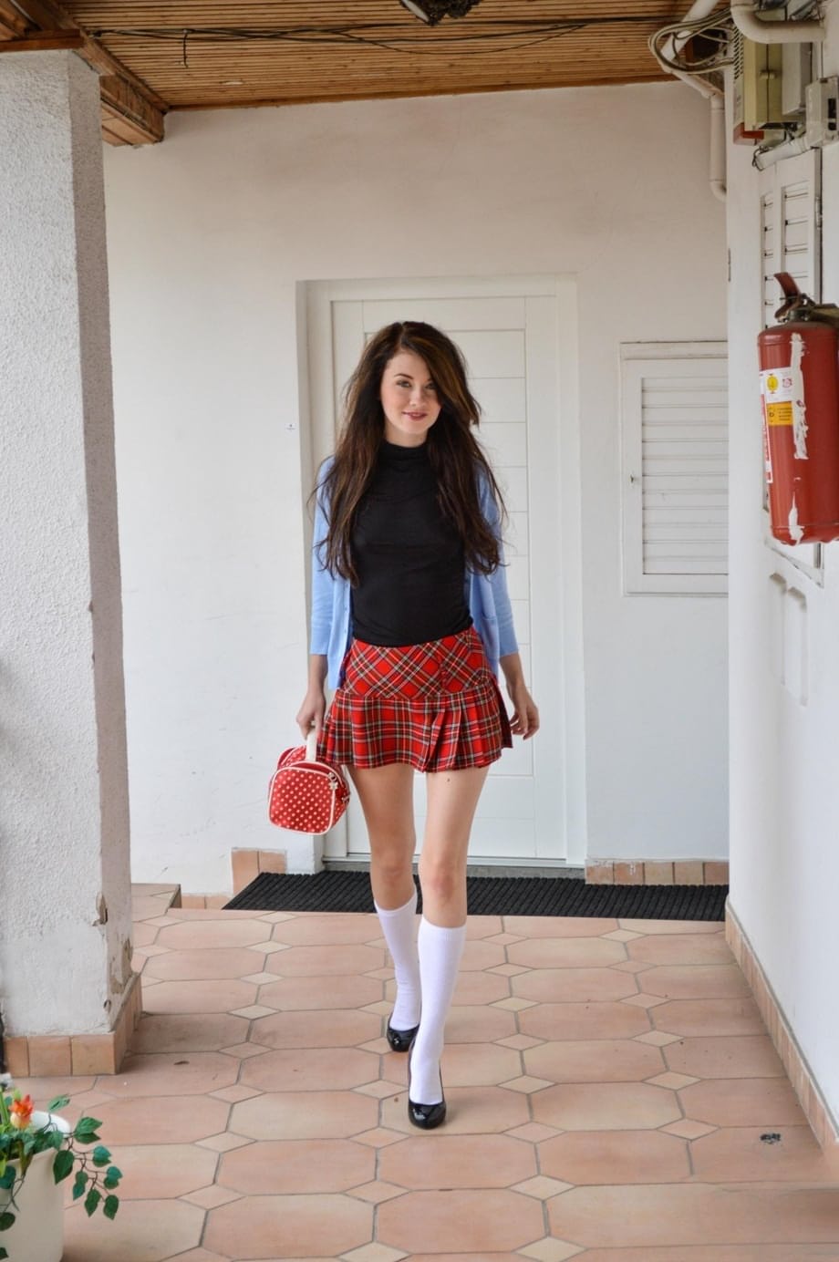 Schoolgirl smokes a cigarette prior to showing an old man her tight pussy