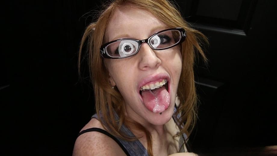 Nerdy slut Athamae sucks off and swallows 15 cocks  at a gloryhole