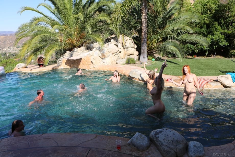 Group of naughty American pornstars having an outdoor sex party at the pool