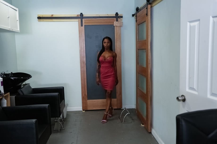 Smoking hot ebony doll Sarah Banks slips out of her pink dress for us