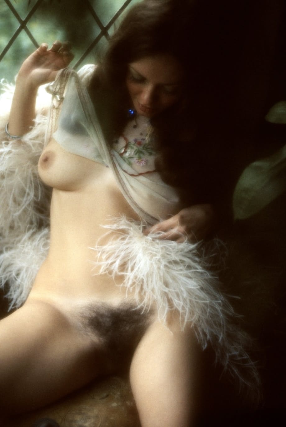Brunette model Paula Francis shows her hairy cunt in the window & in nature