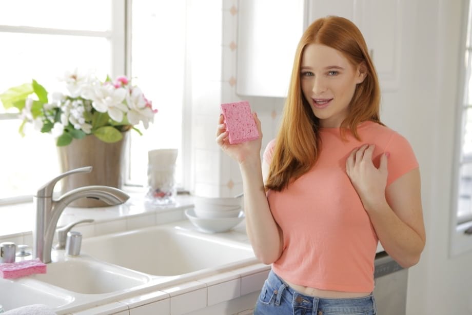 Sweet ginger teen Scarlett Snow flashes her big fakes and rides stiff boner