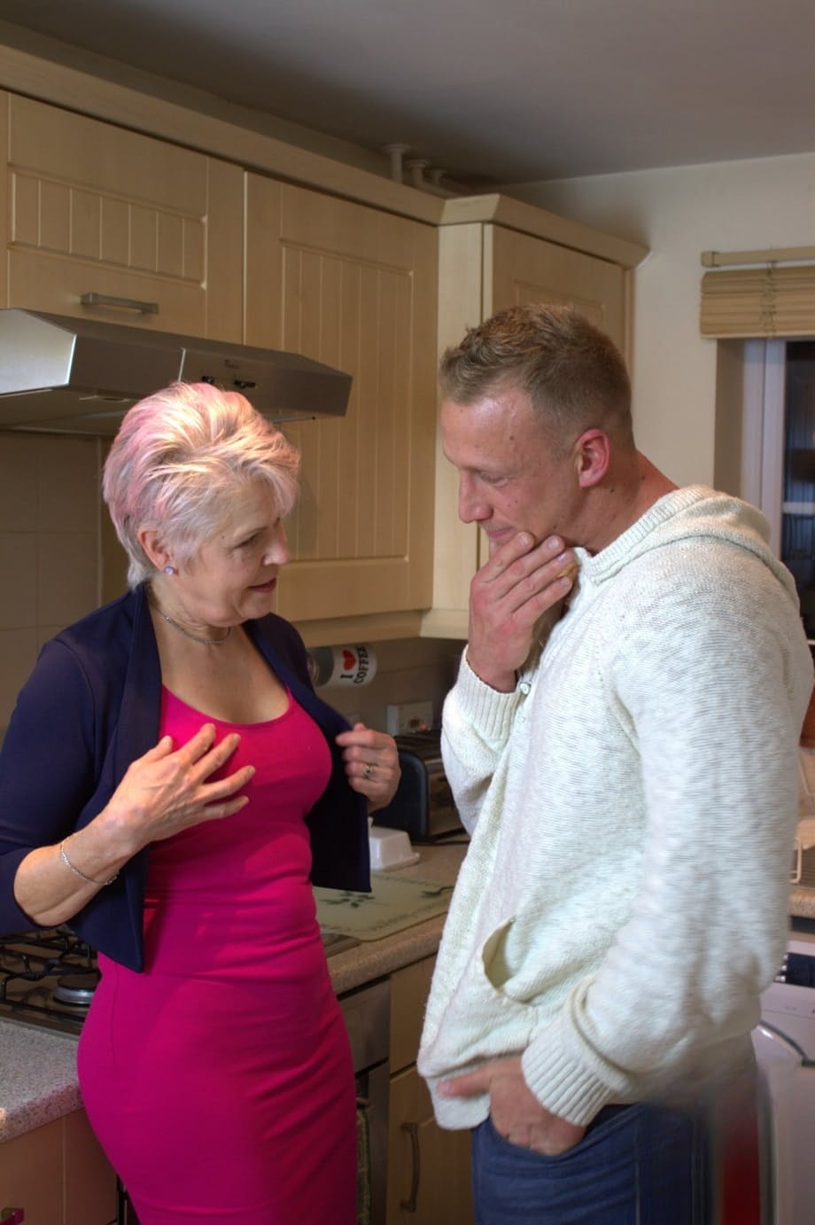 Mature granny in a pink dress Lady Sextacy gives an amazing blowjob to a stud