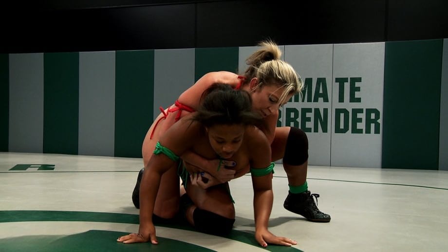 Ebony Yasmine Loven and MILF Sara Jay flaunt their big tits and wrestle