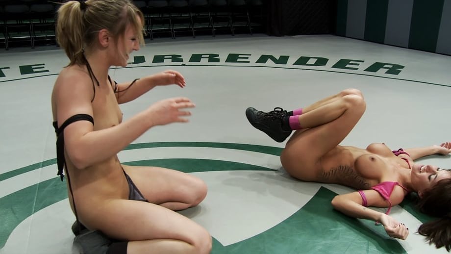 Wild brunettes Jessie Cox and Gia DiMarco wrestle, strip and fuck