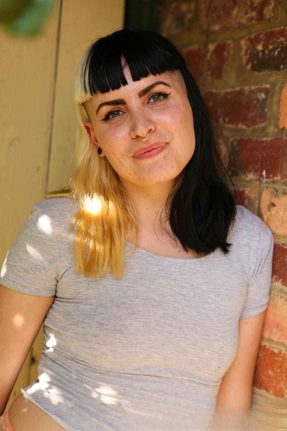 Girl with half black, half white hair named Marina with hairy cunt and armpits