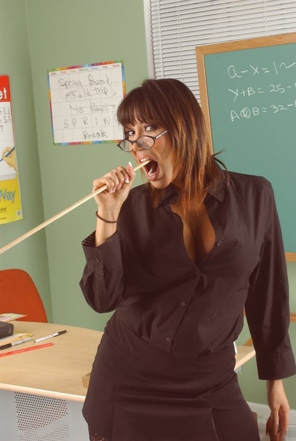 Middle-aged Asian teacher Ava Devine whips out her big boobs in classroom