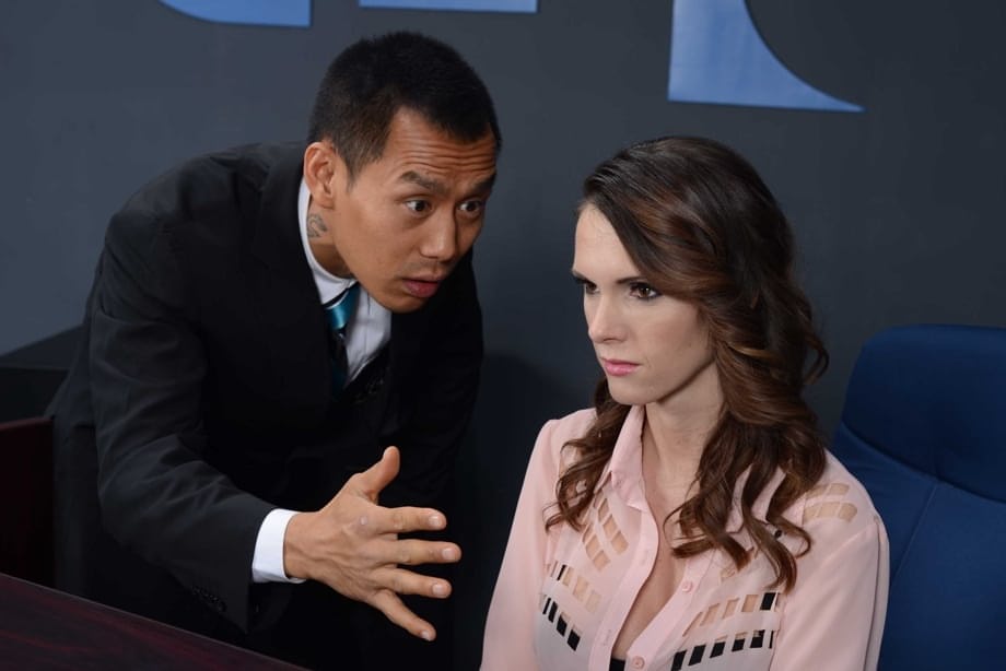Busty secretary Jennifer Dark satisfies a Japanese client's sci-fi urgencies